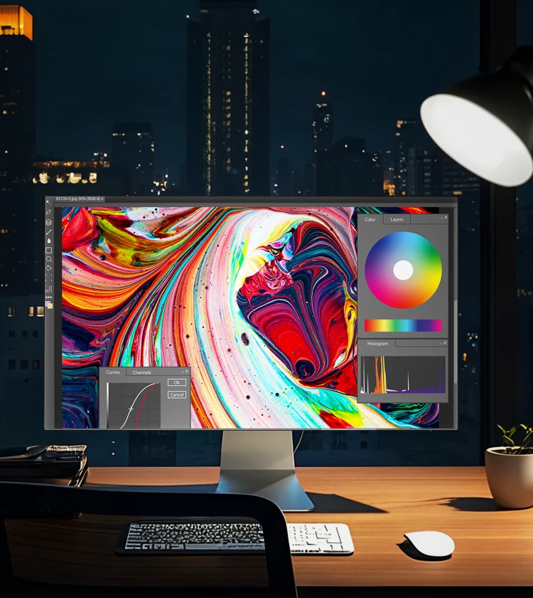 AUO ALED True Black MicroLED Display on a desktop setup showcasing vibrant and detailed visuals, ideal for creative professionals working in a sleek, modern office environment with a cityscape backdrop.)